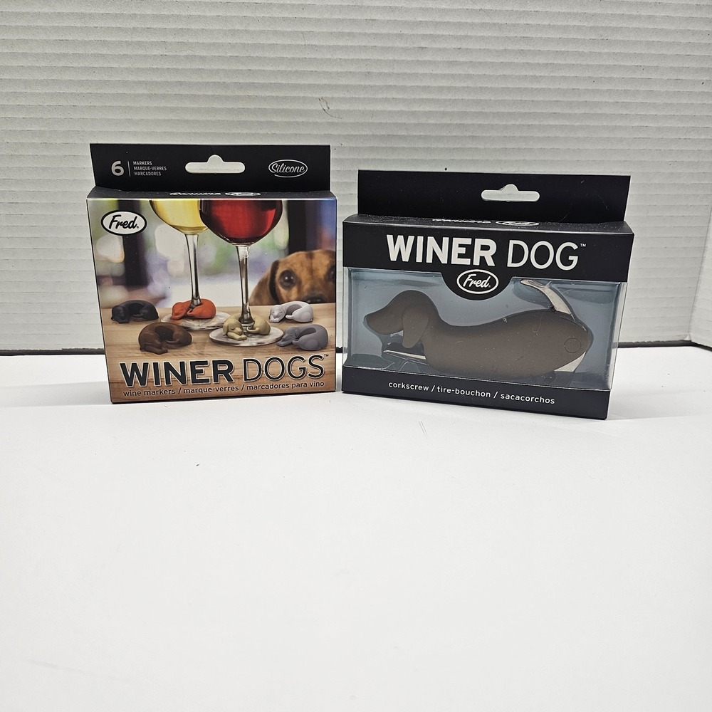 Set of 6 Silicone Fred‎ WINER DOGS Weiner Drink Wine Glass Markers & Corkscrew